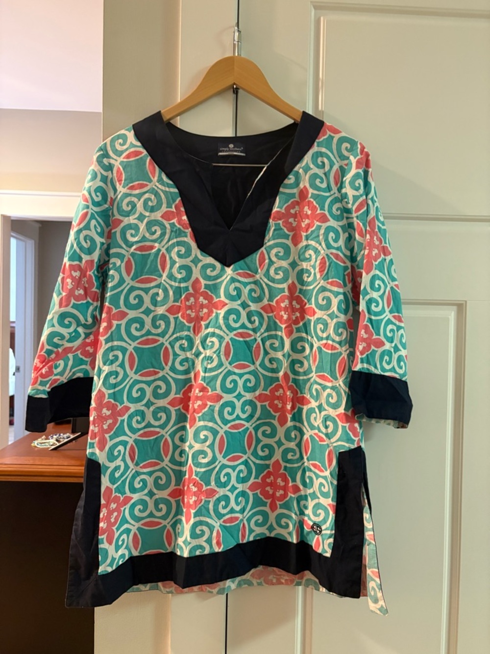 Simply Southern Teal & Coral Patterned V-Neck Tunic